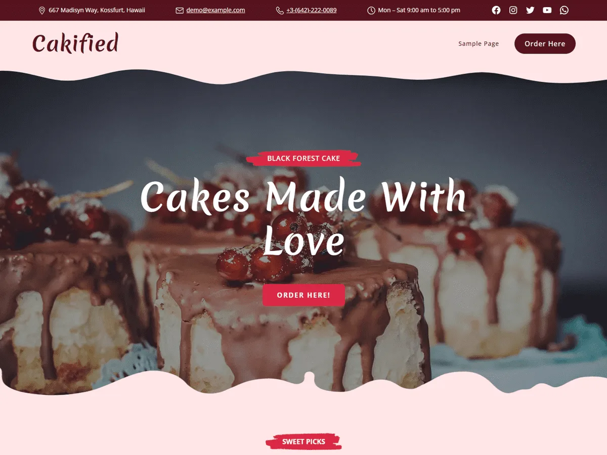 Cakified web sitesi teması ile tasarlanmış modern bir pasta dükkanı web sitesi görünümü