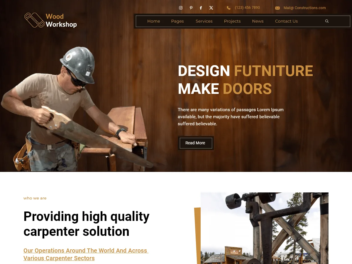 Carpenter Wood Works web sitesi teması ile marangozluk hizmetlerinizi sergileyin