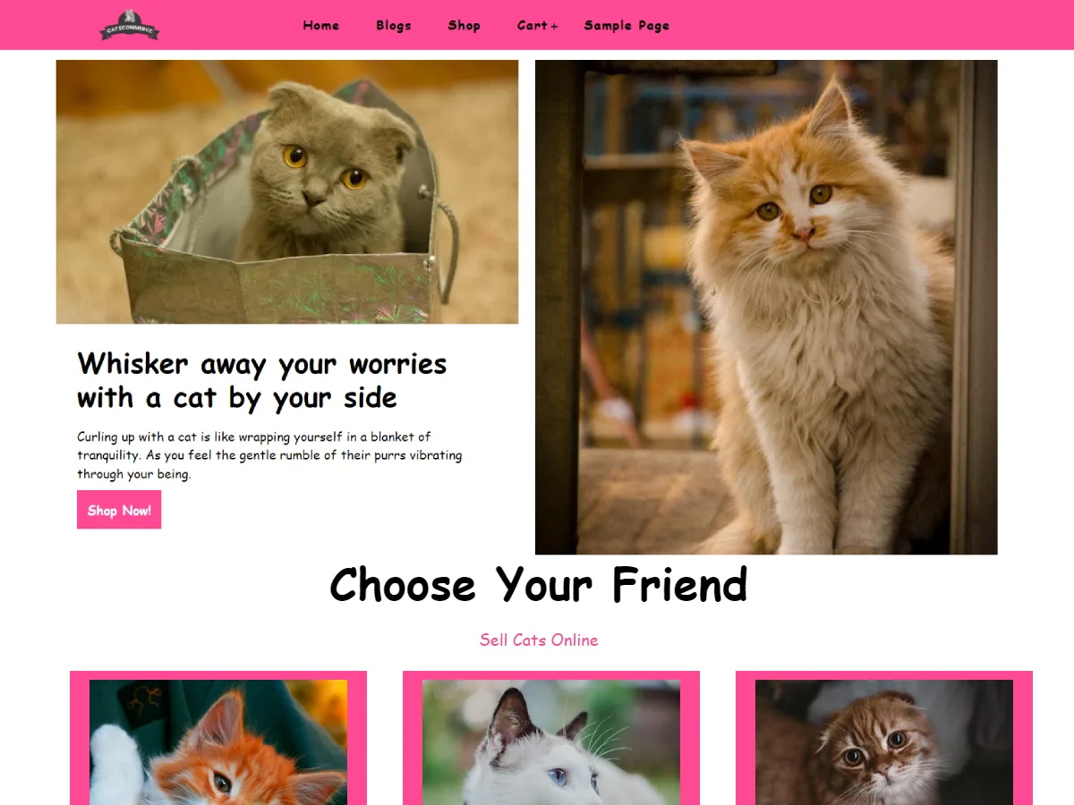 Cat Ecommerce web sitesi teması ile kedi temalı bir online mağaza görünümü