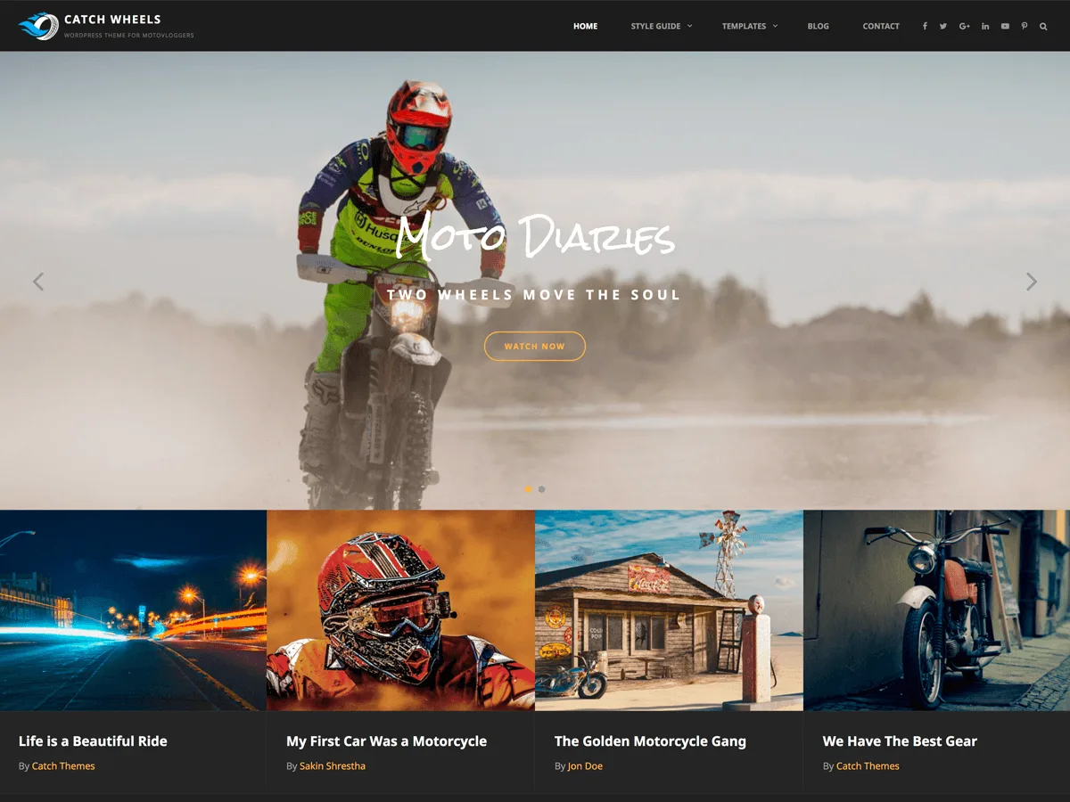 Catch Wheels web sitesi teması - motovlogcular için cesur ve yaratıcı tasarım