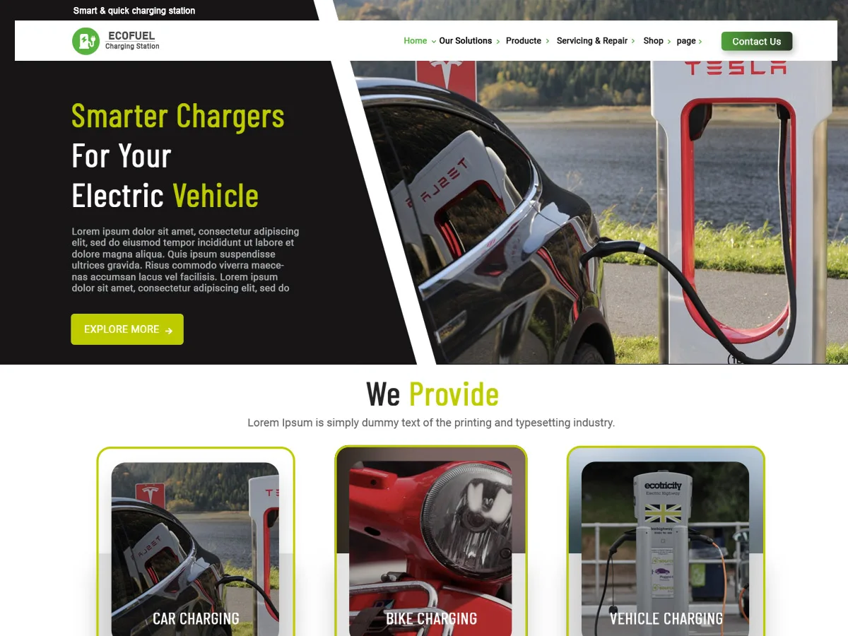 Charging Station web sitesi teması ile elektrikli araç şarj istasyonu web sitesi tasarımı