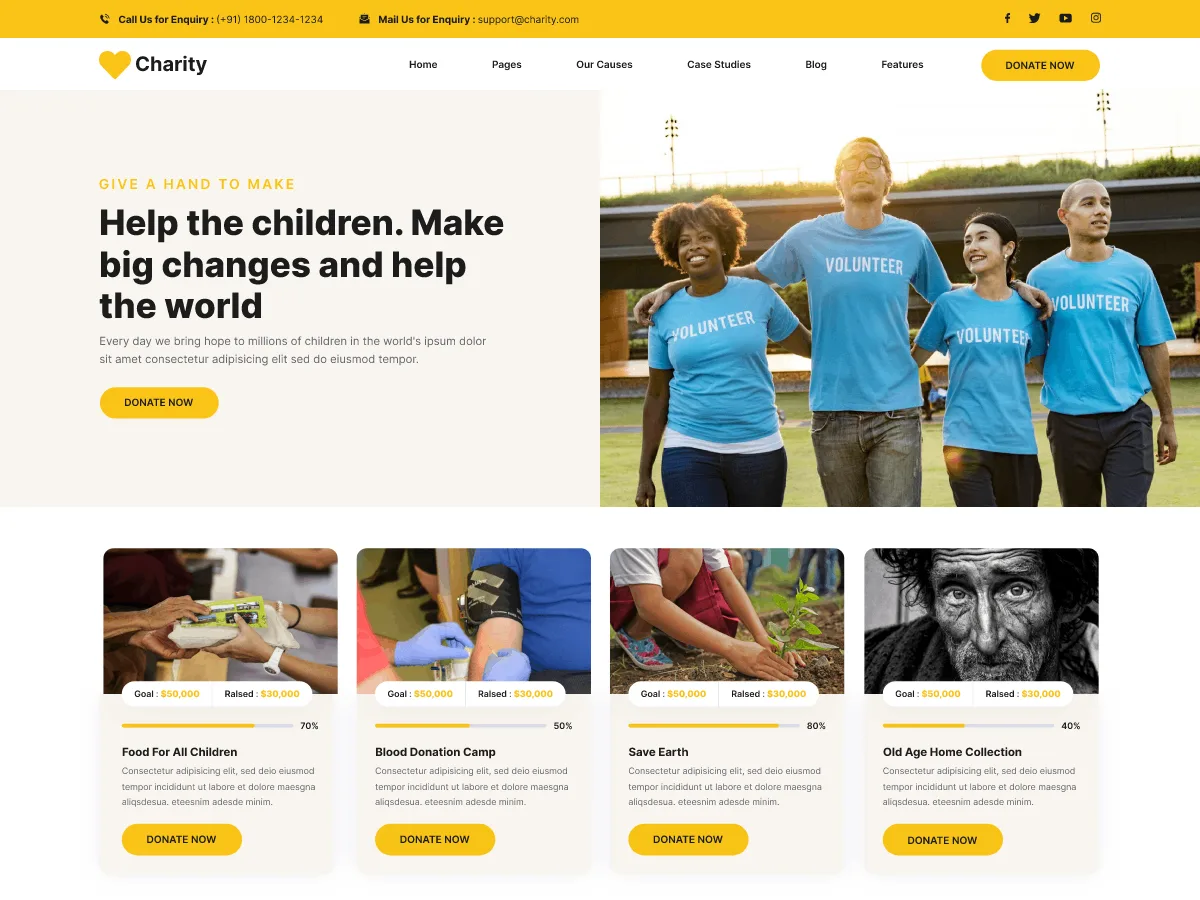 Charity Foundation teması ile oluşturulmuş bağış ve STK web sitesi görünümü