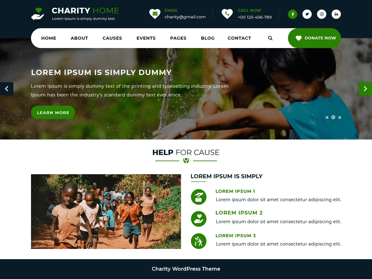 Charity Fundraiser teması ile bağış toplama web sitesi görünümü
