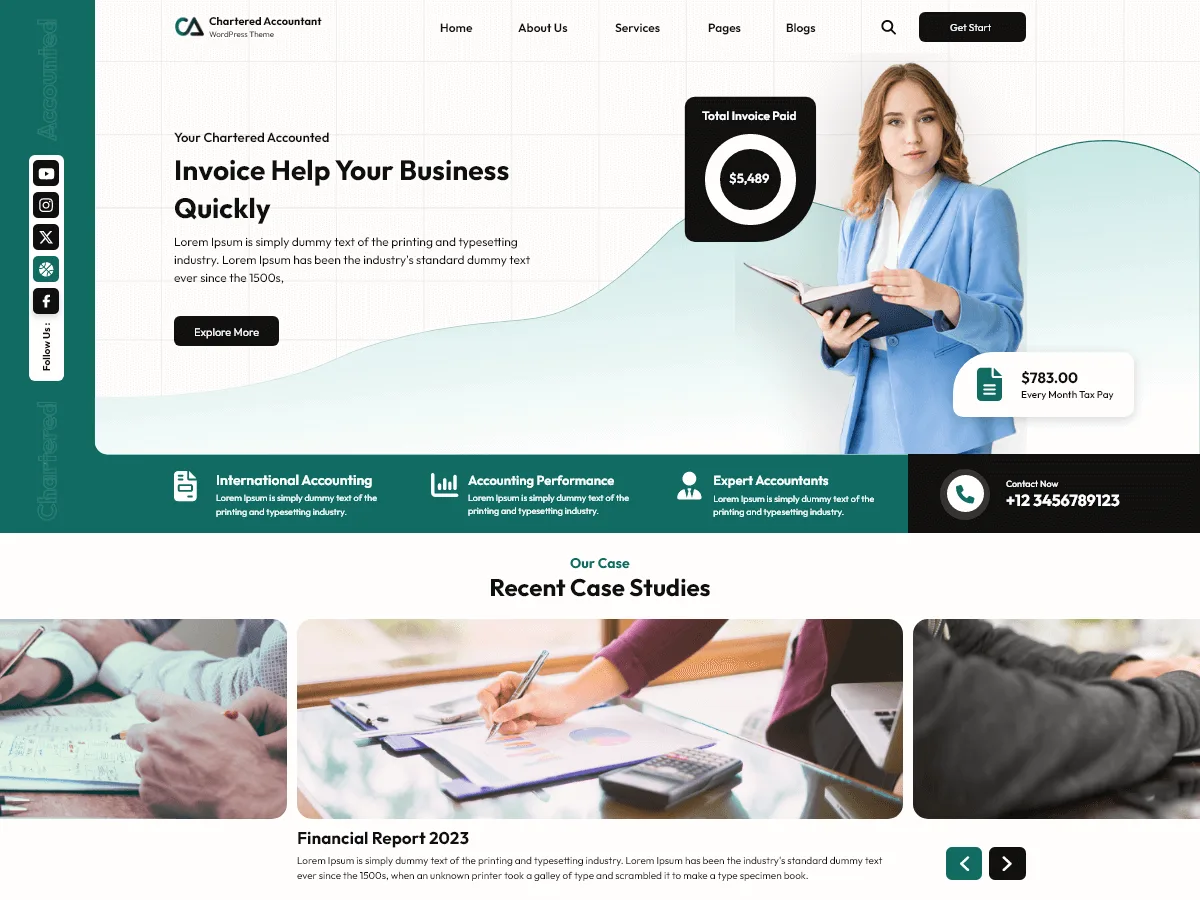 Chartered Accountant web sitesi teması önizlemesi