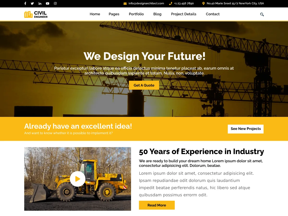 Civil Engineering web sitesi teması ile inşaat ve mühendislik projeleri için profesyonel bir web sitesi görünümü