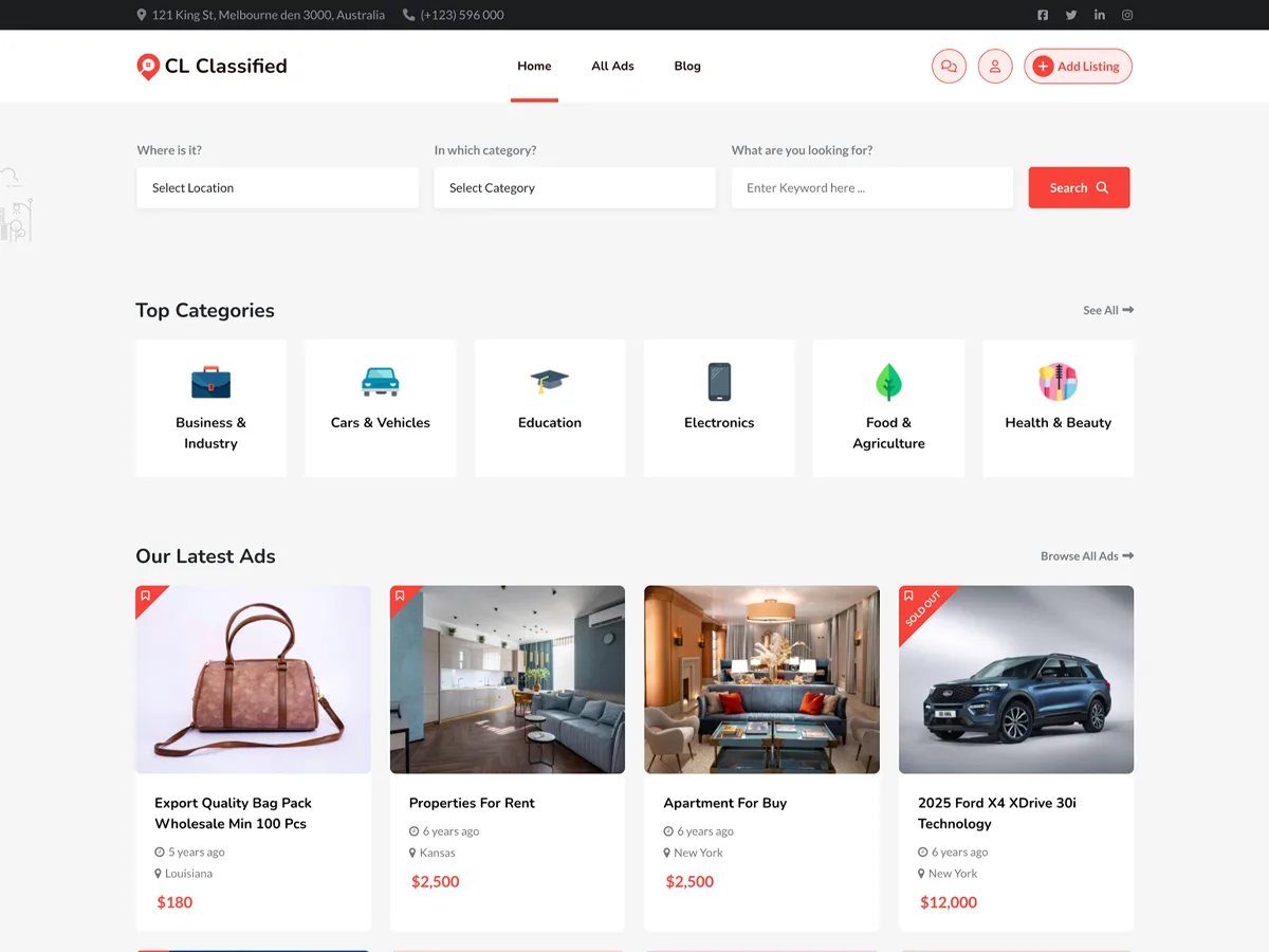 CL Classified web sitesi teması önizlemesi