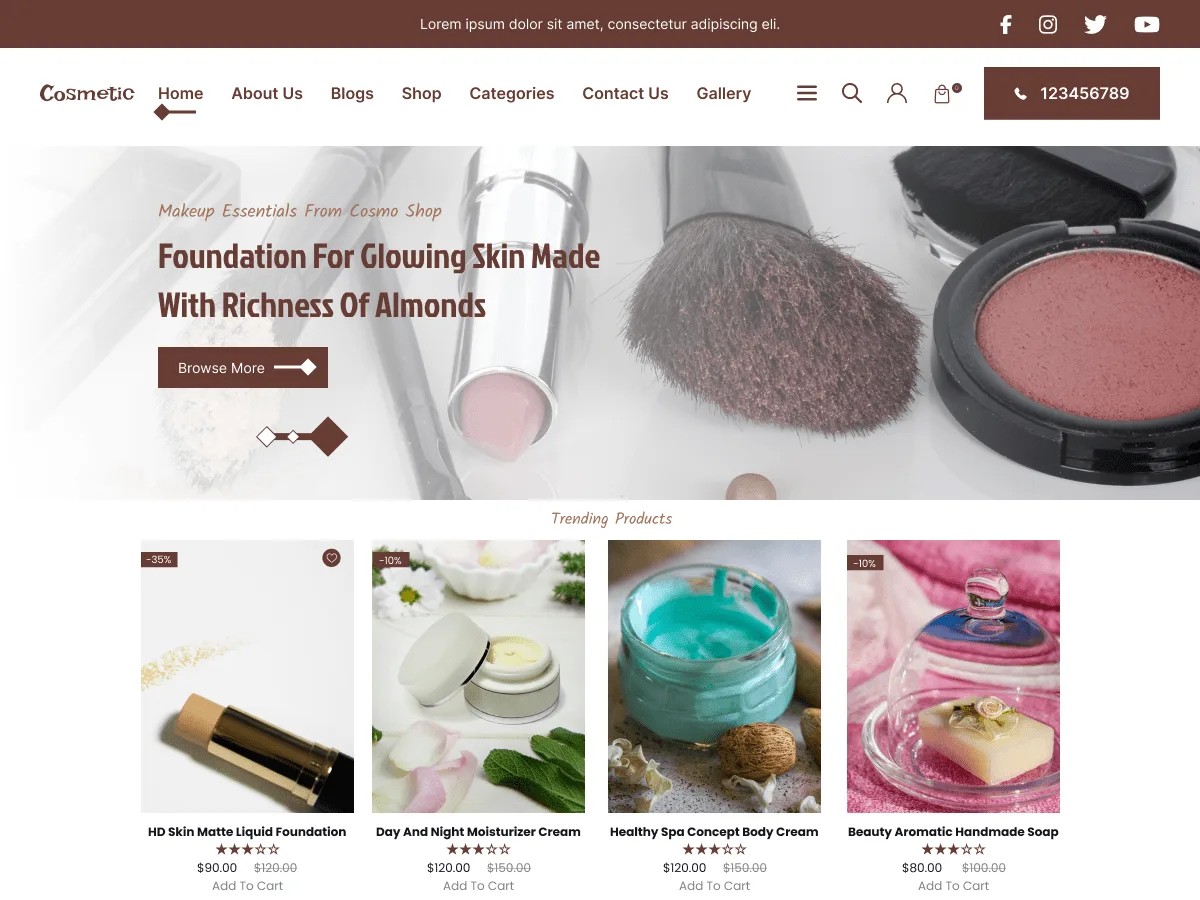 Classic Cosmetics web sitesi teması güzellik sektörü için tasarım