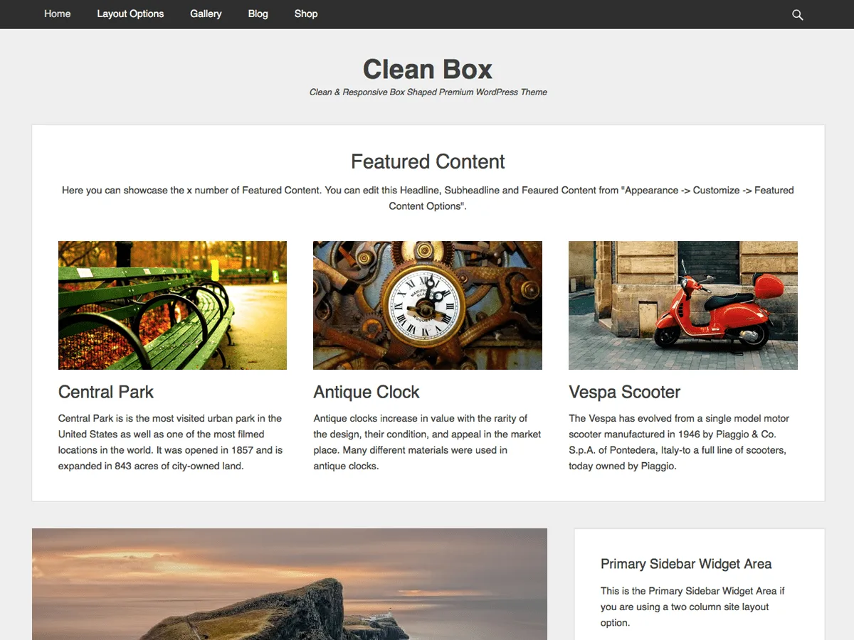 Clean Box web sitesi temasının sade ve ızgara tabanlı tasarımı