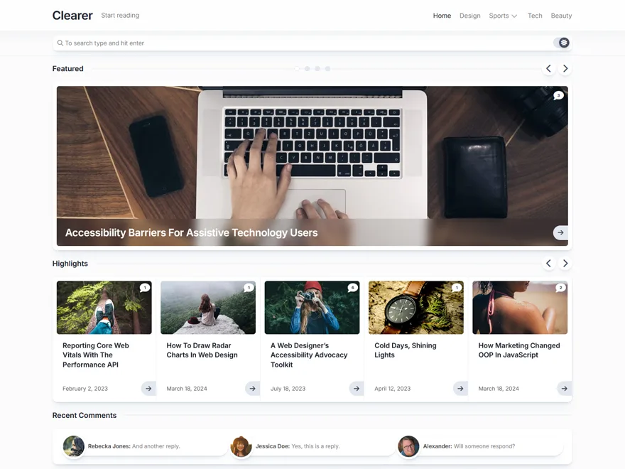 Clearer web sitesi teması önizlemesi