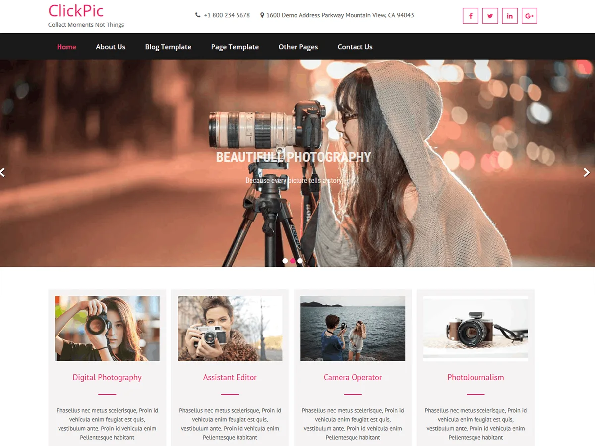 ClickPic teması ile oluşturulmuş örnek bir fotoğraf sitesi görünümü