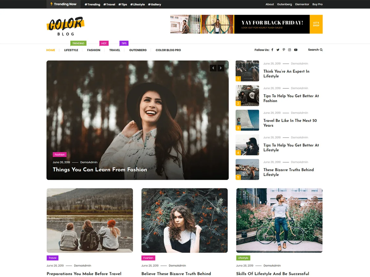 Color Blog teması ile renkli ve modern bir blog düzeni örneği