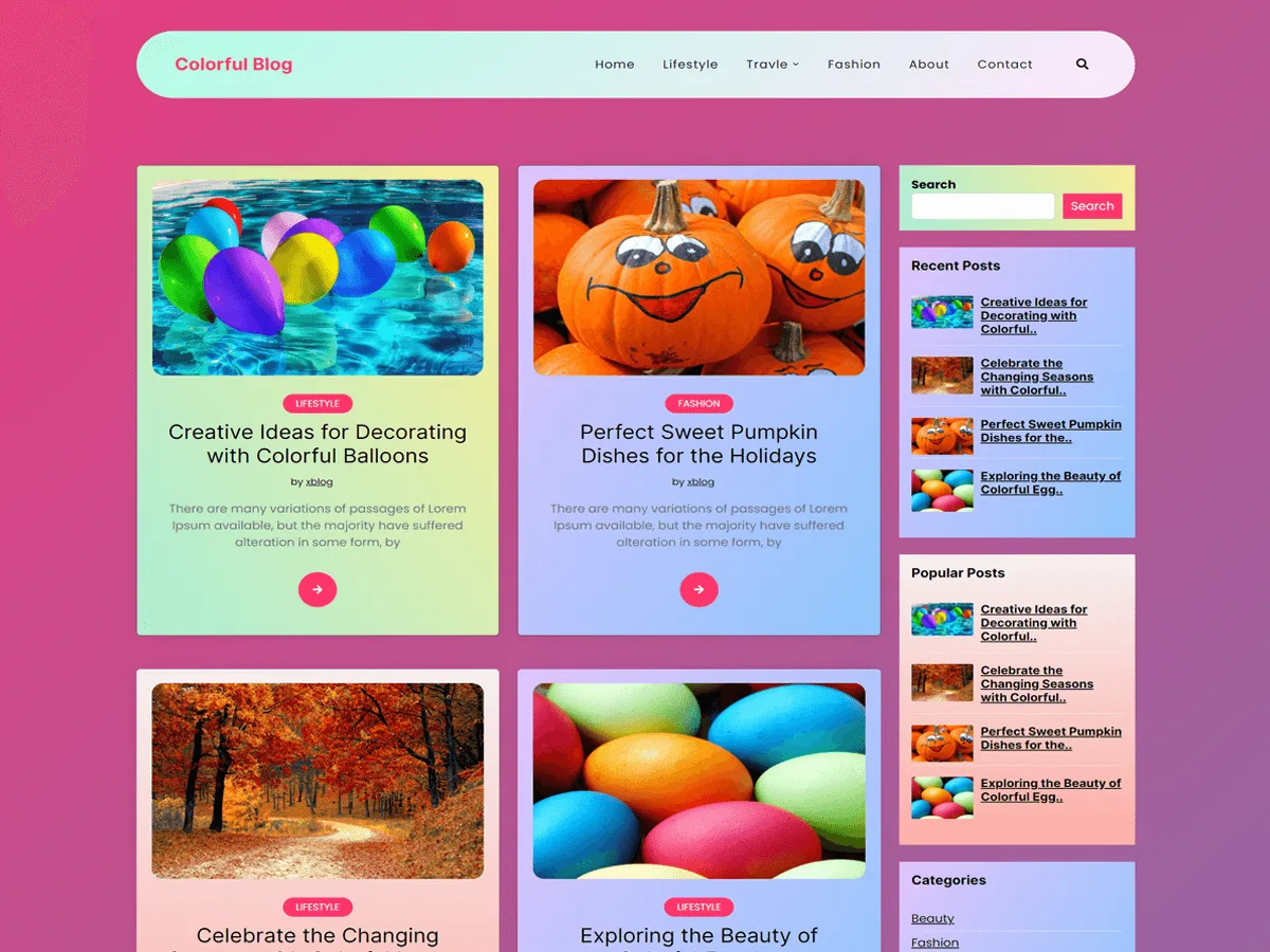 Colorful Blog web sitesi temasının renkli tasarımı