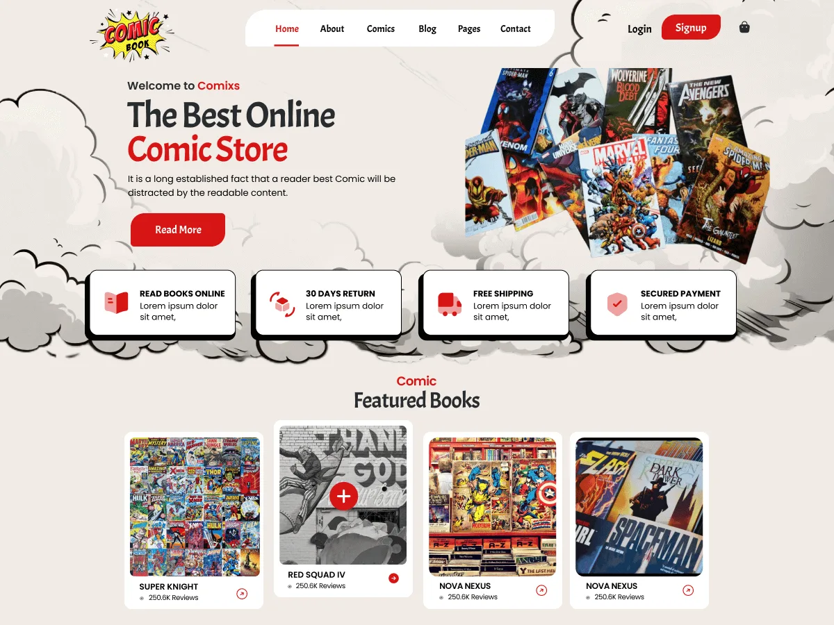 Comic Book Store web sitesi teması ile çizgi roman mağazası için örnek bir web sitesi görünümü