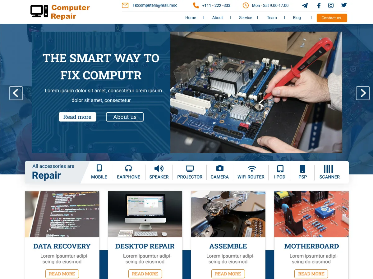 Computer Repair Center web sitesi teması ile oluşturulmuş bilgisayar tamir merkezi web sitesi görünümü
