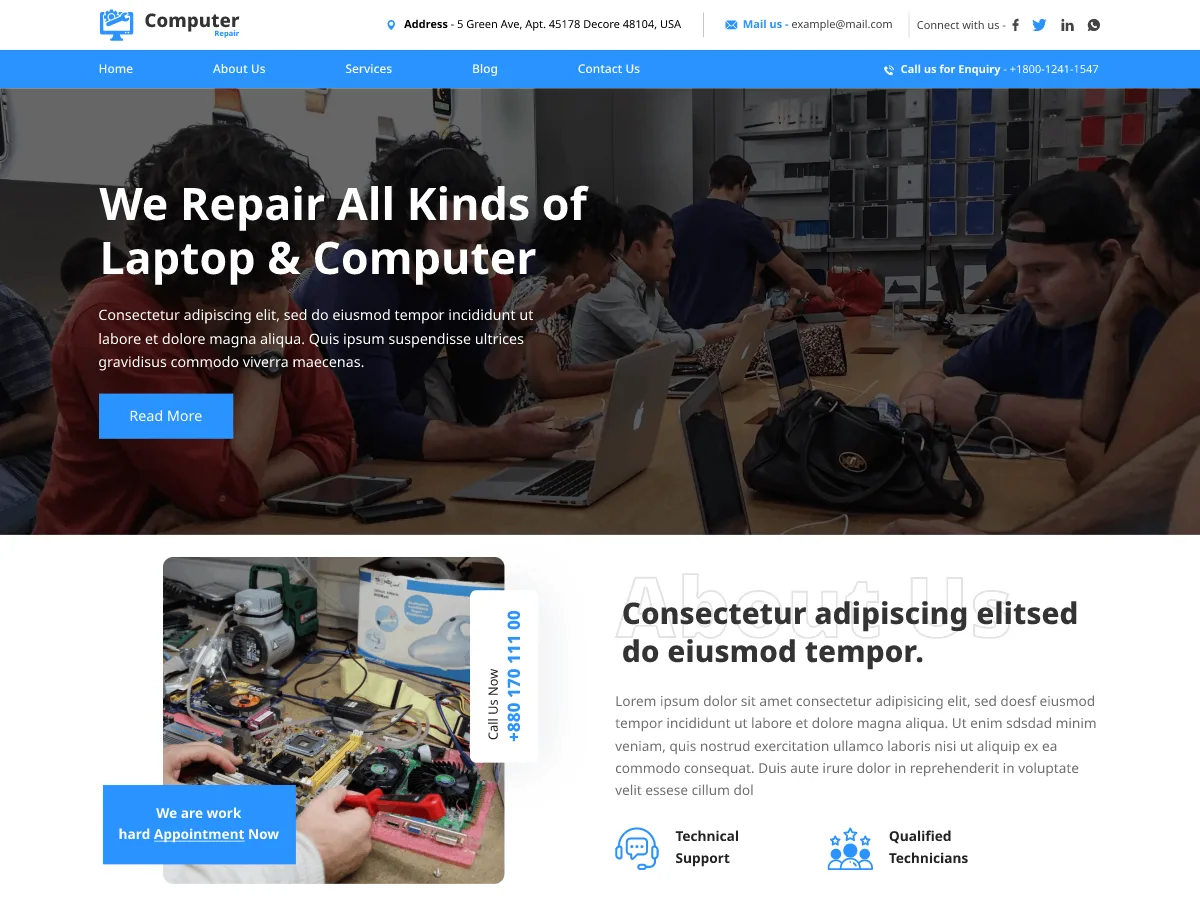Computer Repair Services web sitesi teması ile bilgisayar tamir mağazası web sitesi görünümü