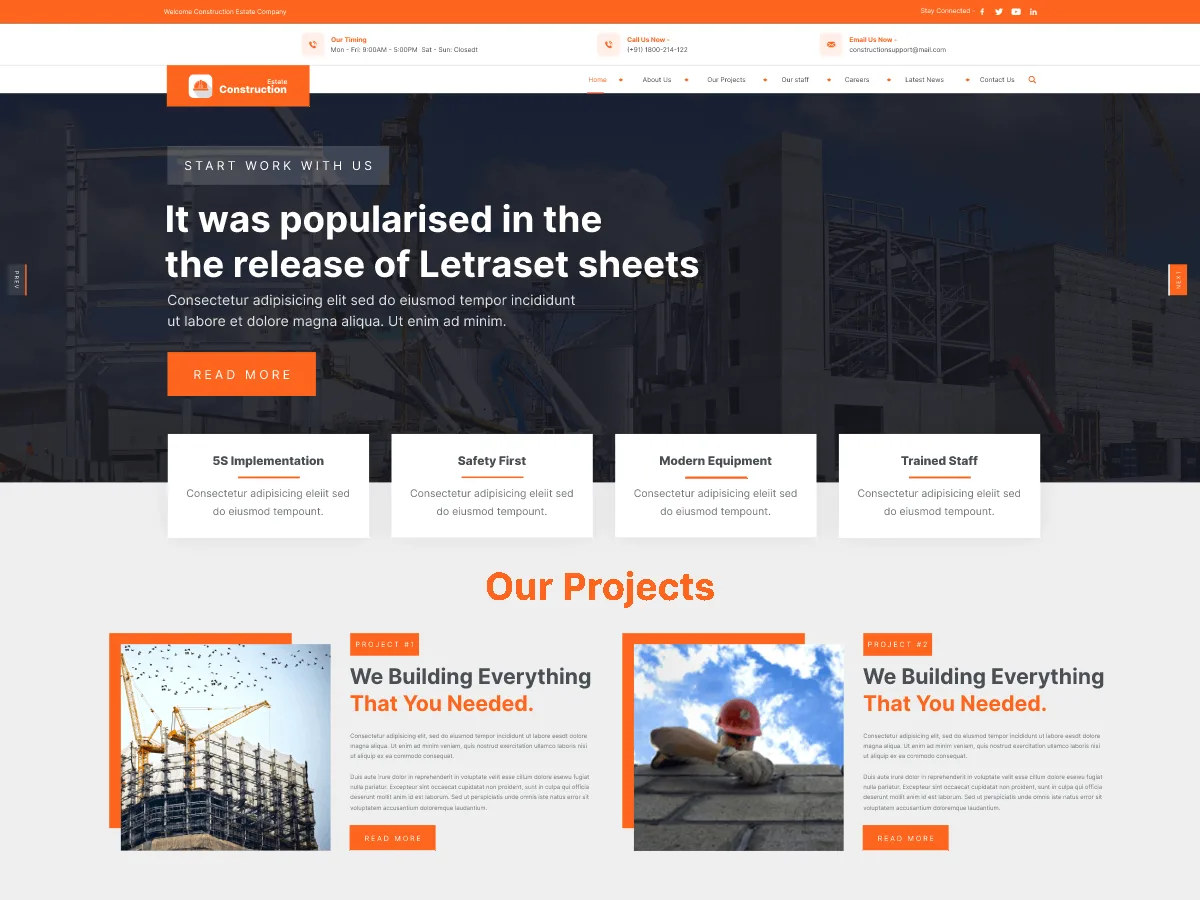 Construction Firm teması ile oluşturulmuş bir inşaat şirketi web sitesi görünümü