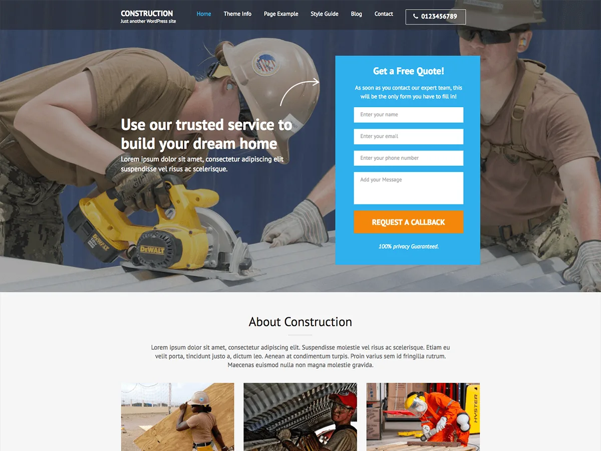 Construction Landing Page teması önizlemesi