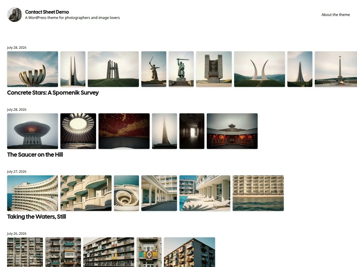 Contact Sheet teması ile fotoğraf blogu görünümü