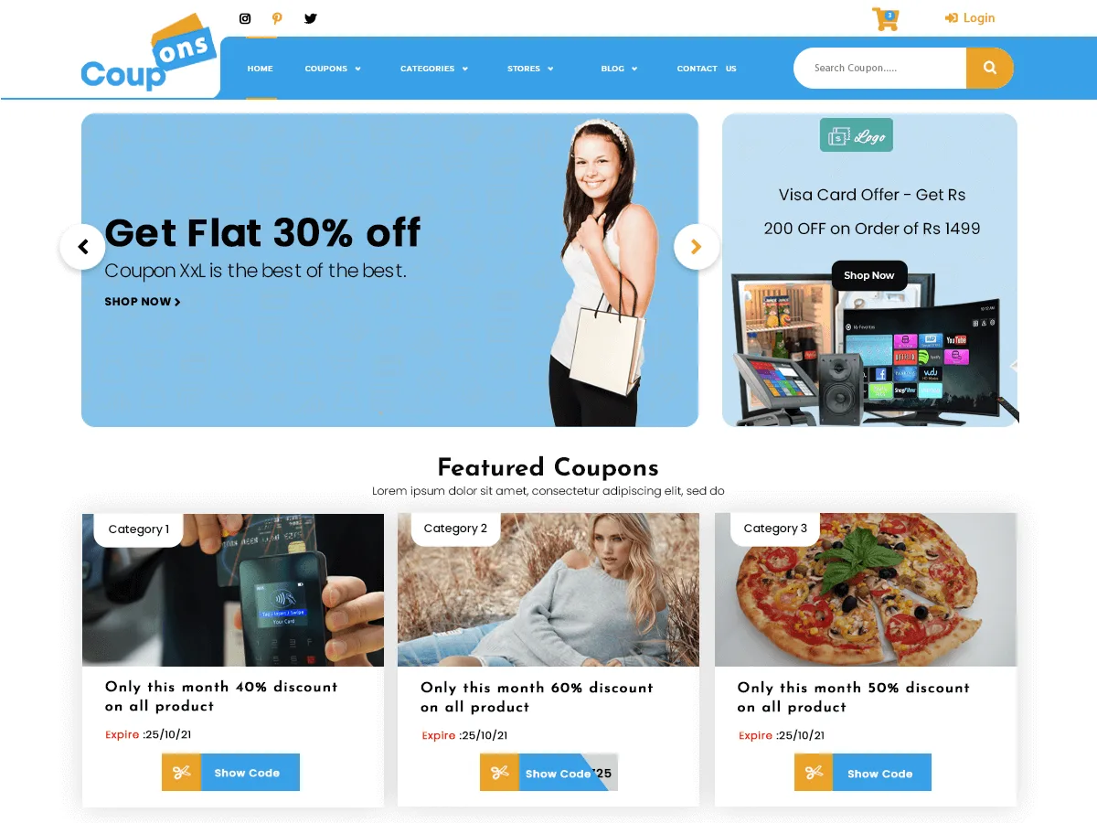 Coupons Deals web sitesi teması ile kupon ve fırsat vitrini