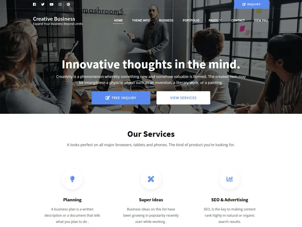 Creative Business web sitesi teması ile oluşturulmuş profesyonel bir işletme web sitesi görünümü