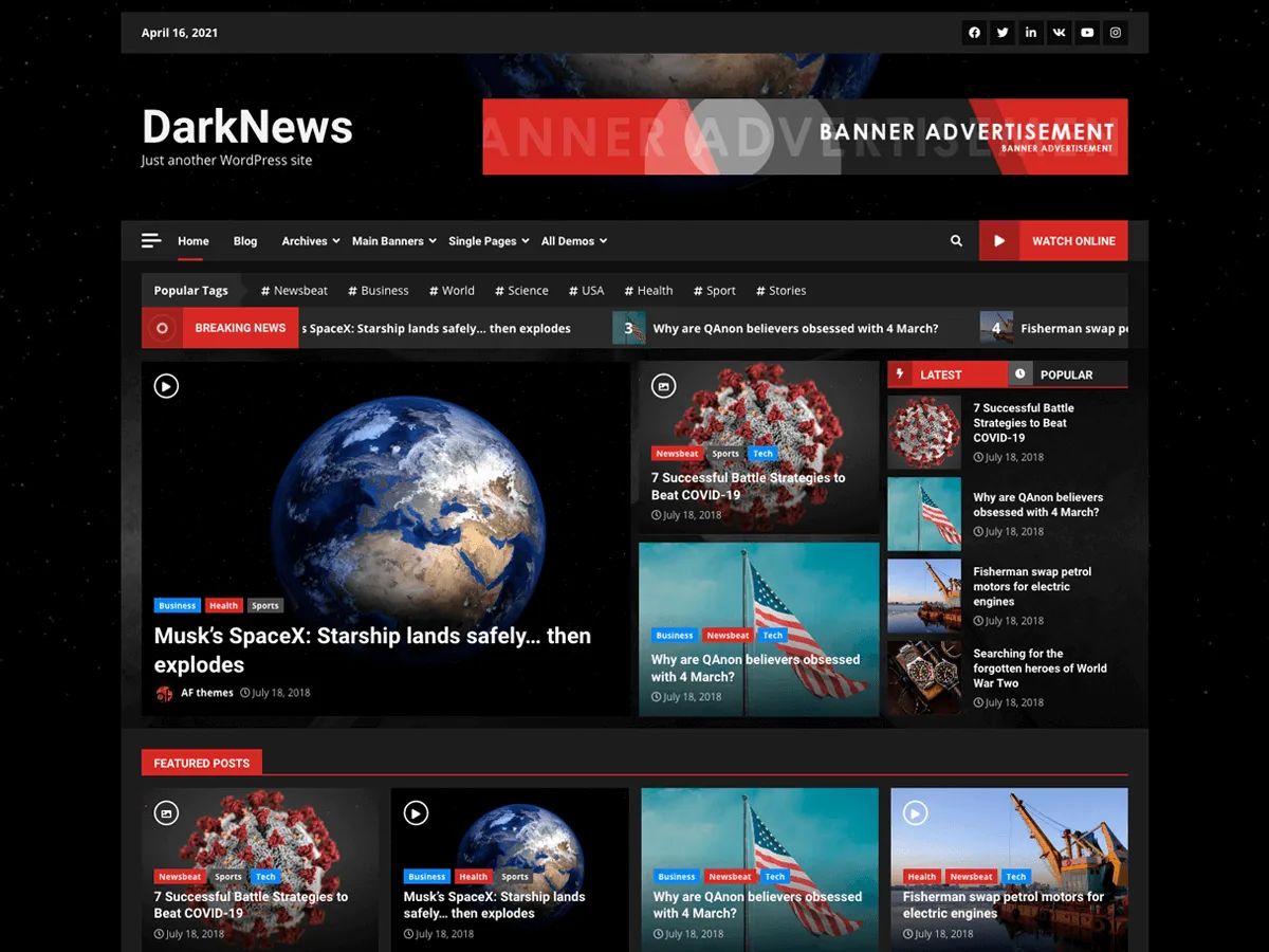 DarkNews web sitesi teması koyu renkli haber sitesi görünümü
