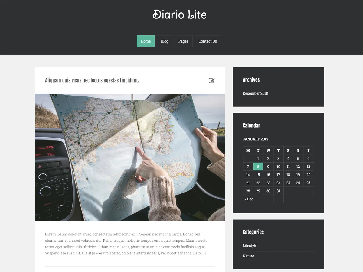 Diarjo Lite web sitesi teması ile tasarlanmış minimalist bir blog veya portfolyo sayfası görünümü