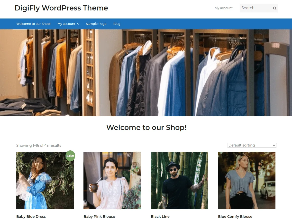 DigiFly web sitesi teması ile oluşturulmuş örnek bir e-ticaret sitesi görünümü