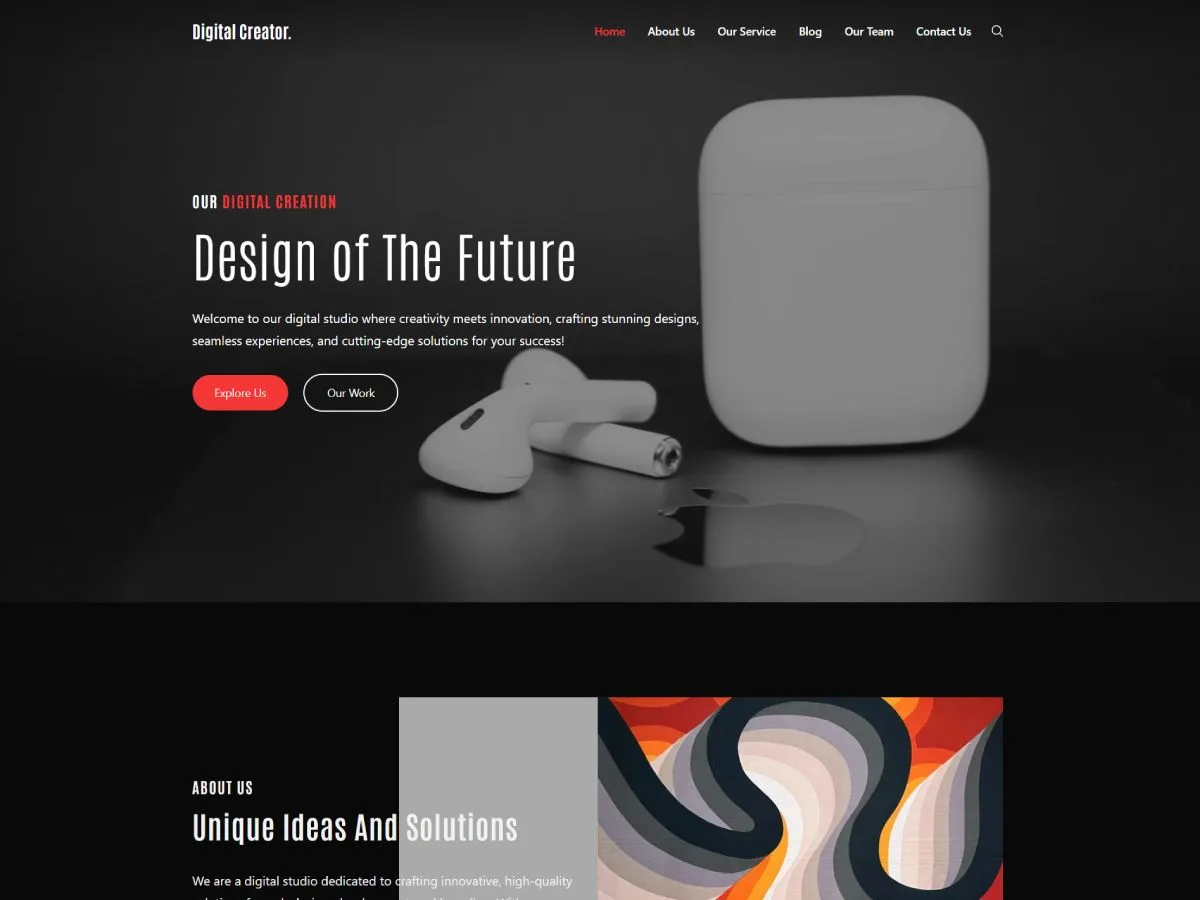 Digital Creator web sitesi teması ile oluşturulmuş modern bir portfolyo görünümü