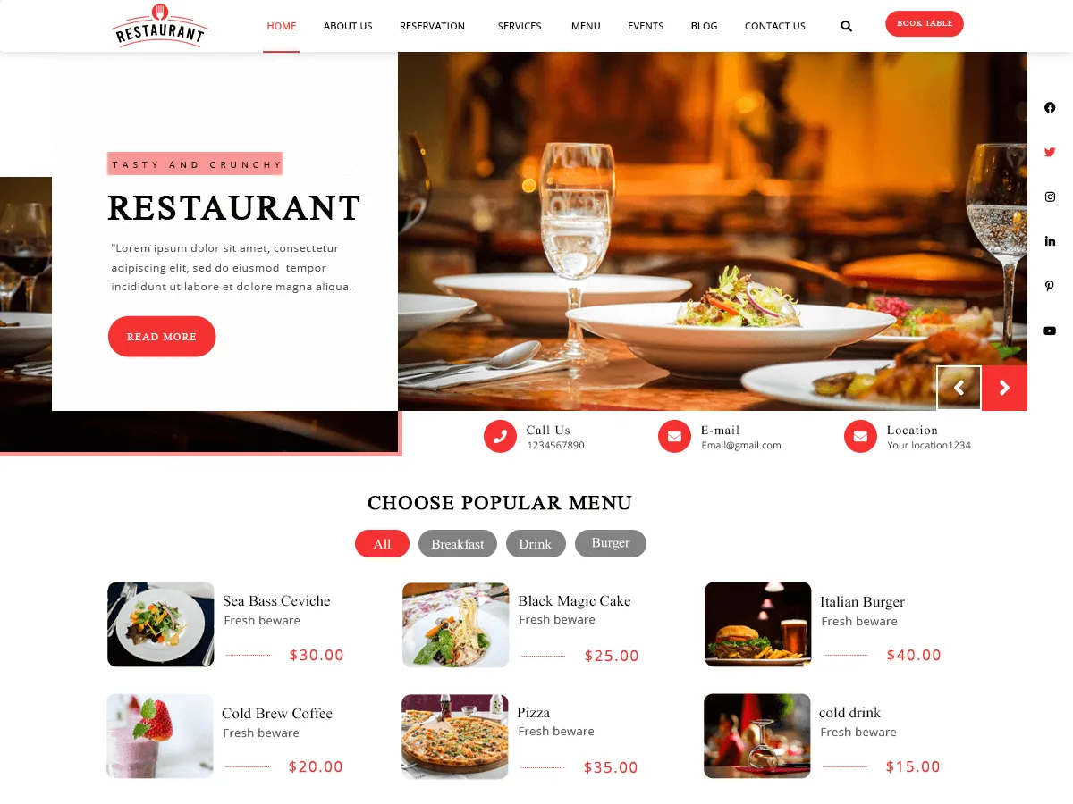 Diner Restaurant web sitesi teması önizlemesi
