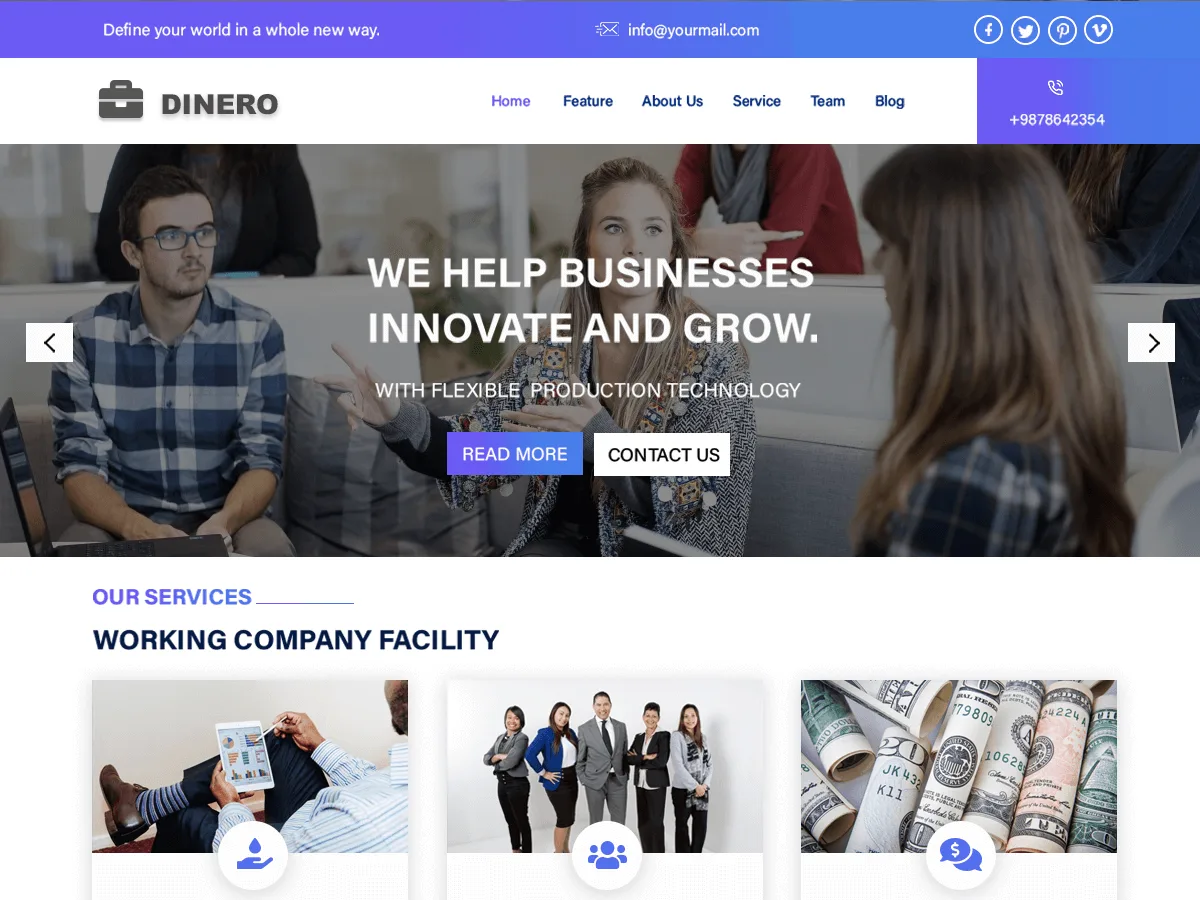 Dinero çok amaçlı kurumsal web sitesi teması