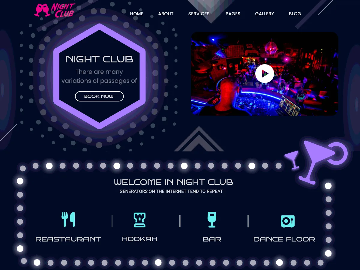 Disco Night Club web sitesi temasının canlı renkli ve animasyonlu tasarımı