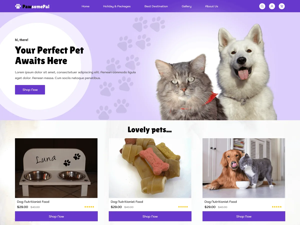 Dog Pet House web sitesi teması ile köpek hizmetleri işletmesi için hazırlanmış örnek bir web sitesi görünümü
