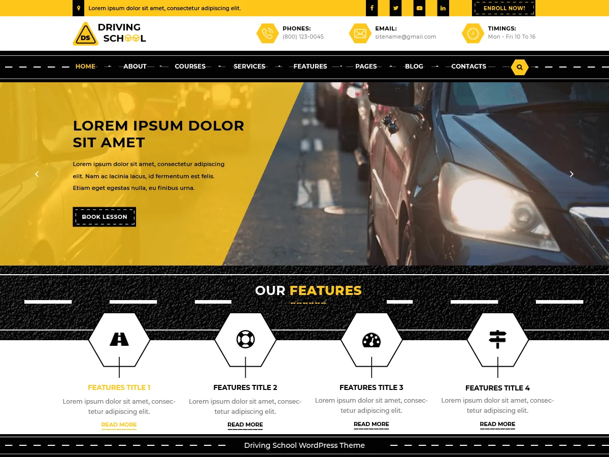 Driving School Lite web sitesi teması ile sürücü kursu tanıtım sayfası