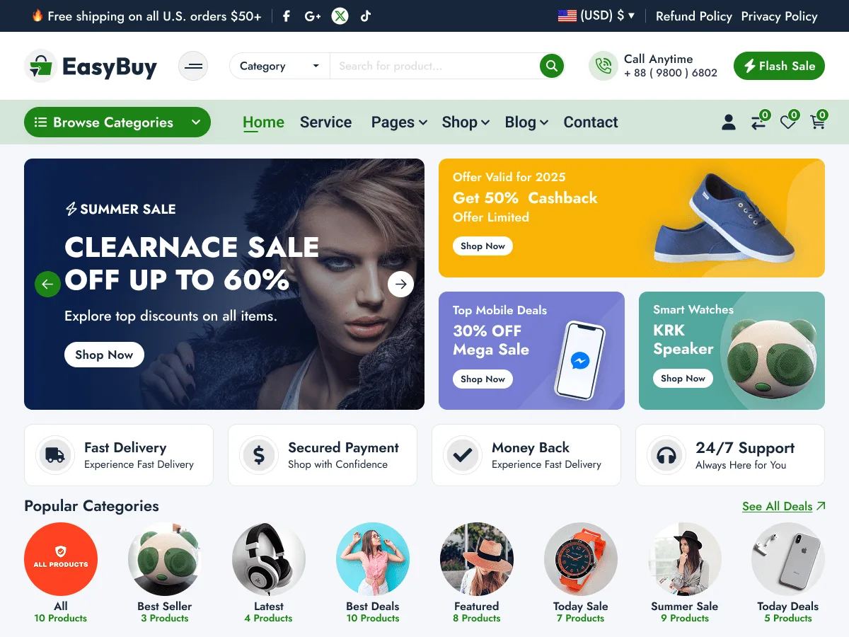 EasyBuy web sitesi teması ile oluşturulmuş e-ticaret sitesi görünümü