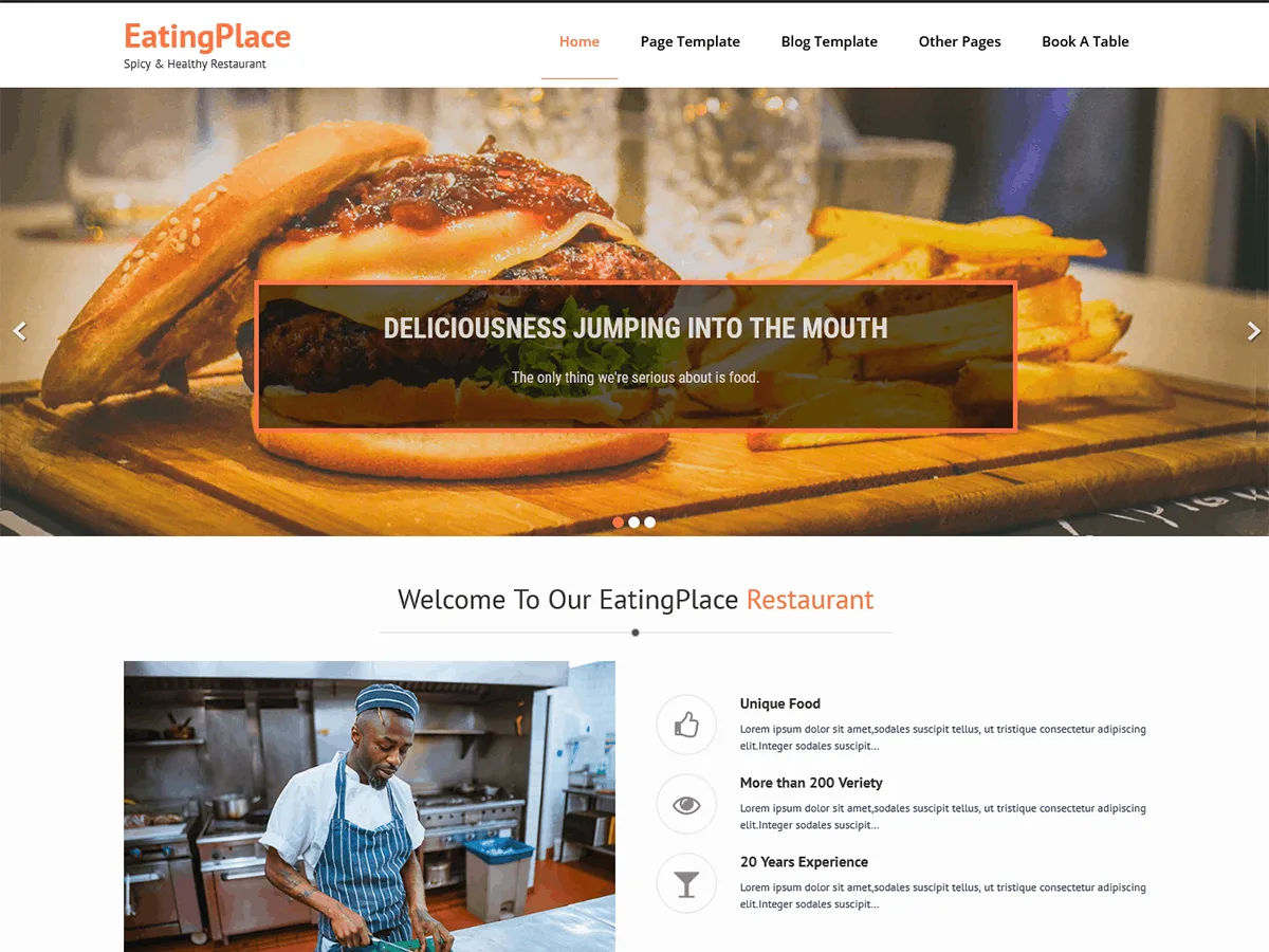 EatingPlace web sitesi teması önizlemesi