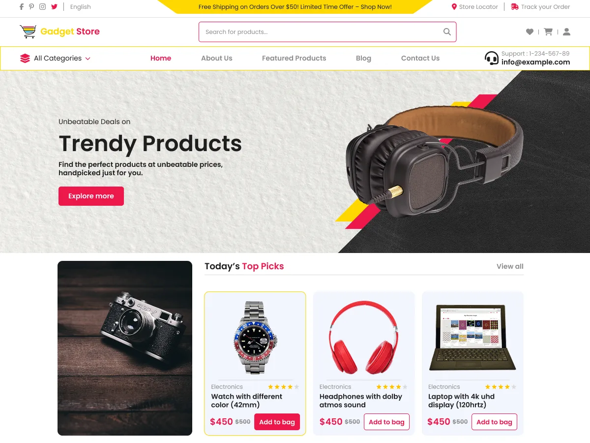 Ecommerce Gadget Store temasının modern ve teknoloji odaklı web sitesi tasarımı