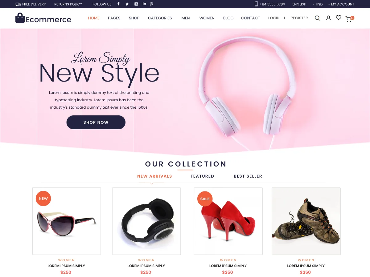 Ecommerce Mega Store web sitesi teması ile oluşturulmuş örnek bir online mağaza görünümü
