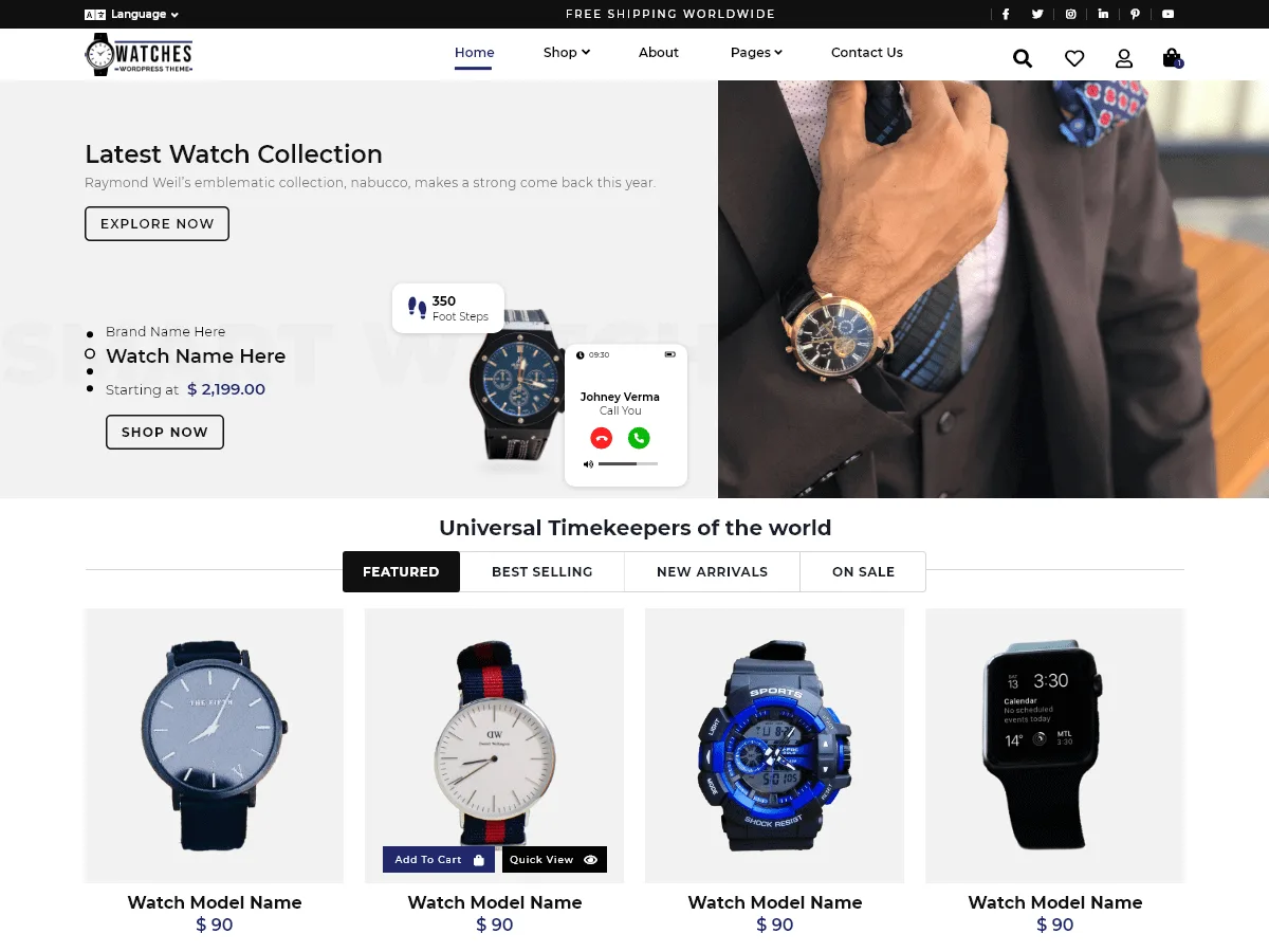 Ecommerce Watch Store web sitesi teması ile tasarlanmış modern bir saat mağazası vitrini