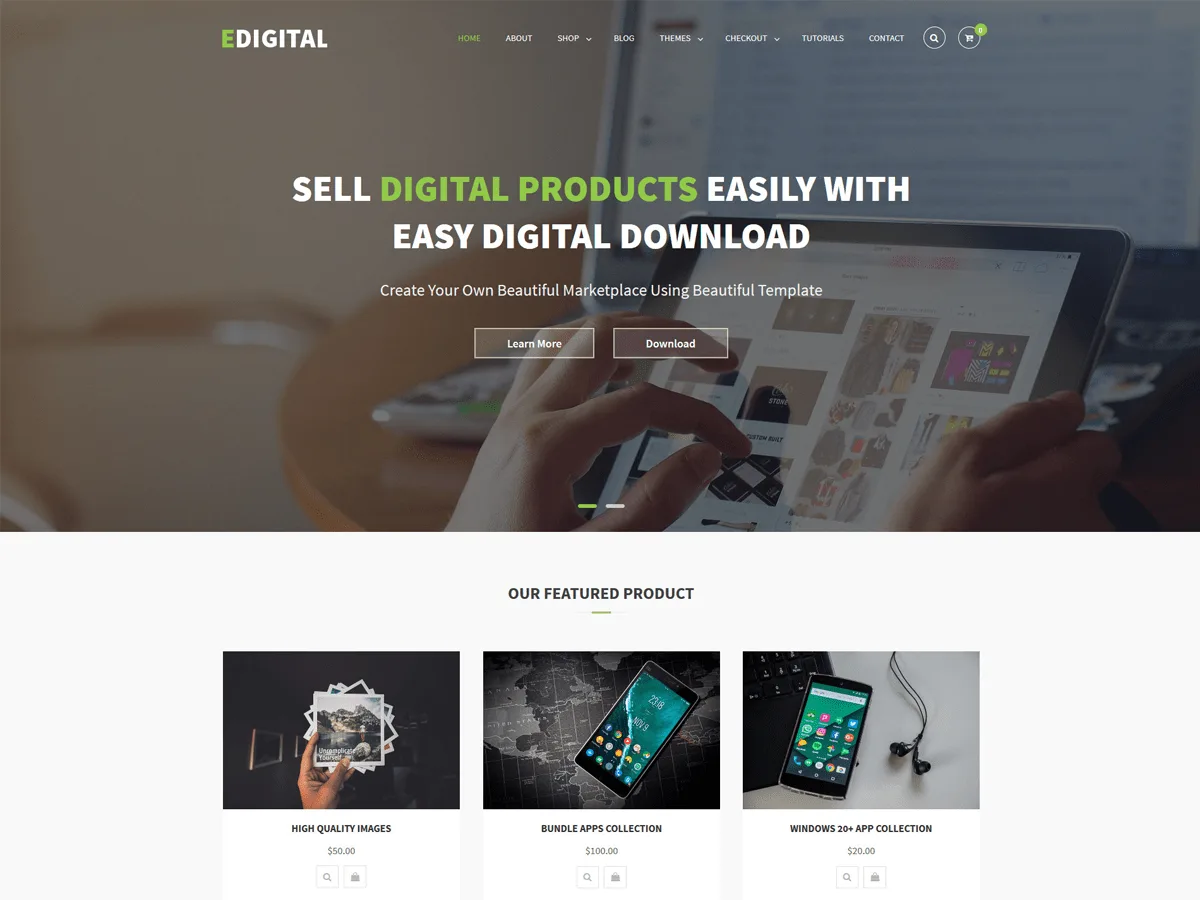 EDigital web sitesi teması ile dijital ürün satışı