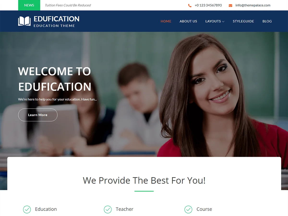 Edufication web sitesi teması ile eğitim kurumları için modern ve özelleştirilebilir bir web sitesi tasarımı