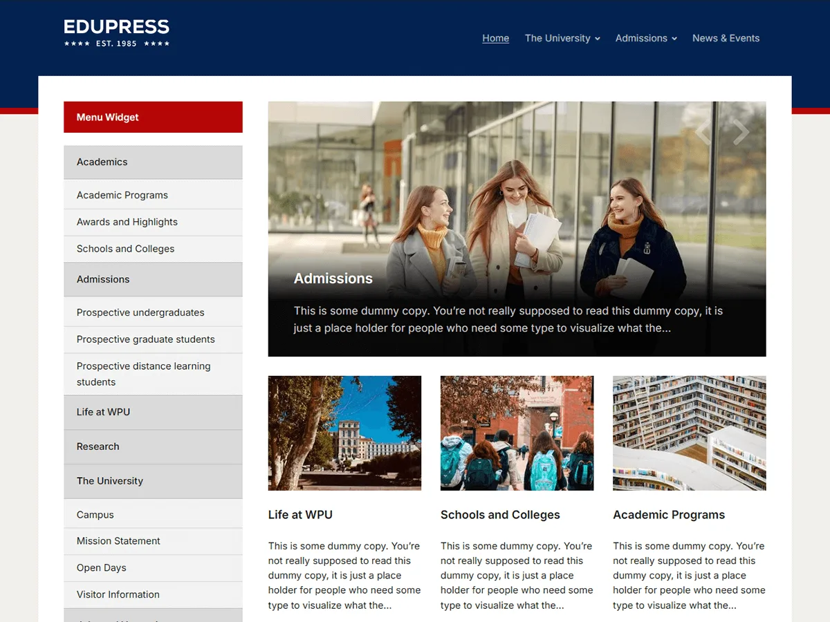 EduPress web sitesi teması ön sayfa görünümü