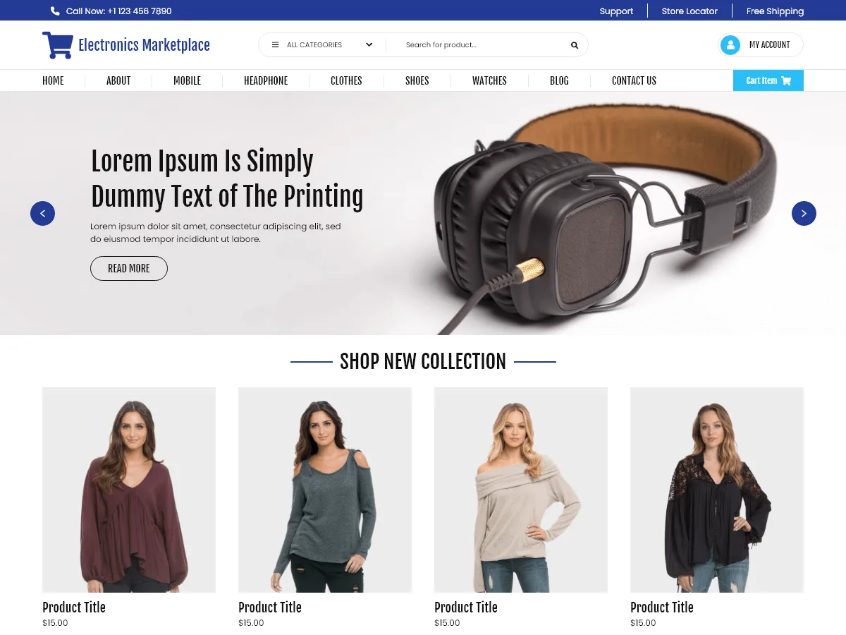 Electronics Marketplace web sitesi teması ile oluşturulmuş elektronik mağaza ana sayfası