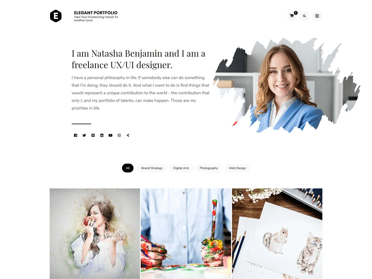 Elegant Portfolio web sitesi teması ile oluşturulmuş şık bir portfolyo sayfası