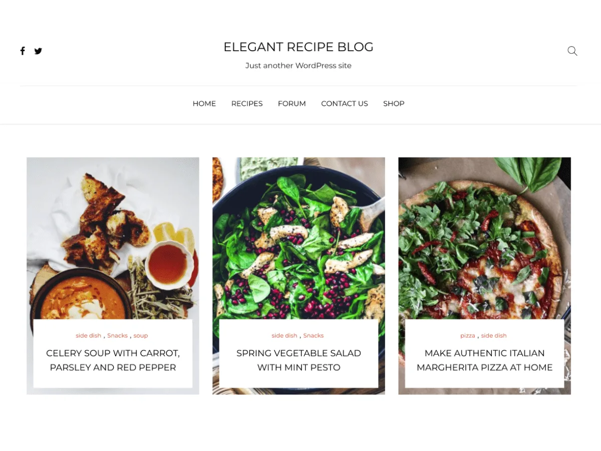 Elegant Recipe Blog web sitesi teması ile tasarlanmış yemek blogu görünümü