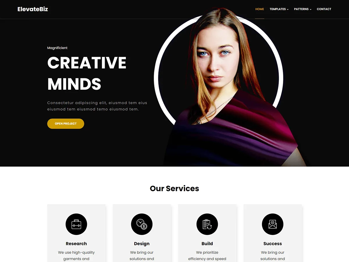 ElevateBiz web sitesi teması ile sanat ve fotoğraf portfolyosu görünümü