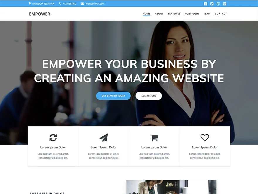 EmpowerWP web sitesi teması ile oluşturulmuş esnek ve çok amaçlı bir web sitesi görünümü