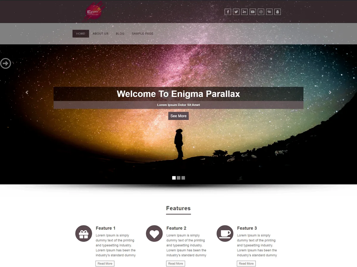 Enigma Parallax WordPress theme homepage preview