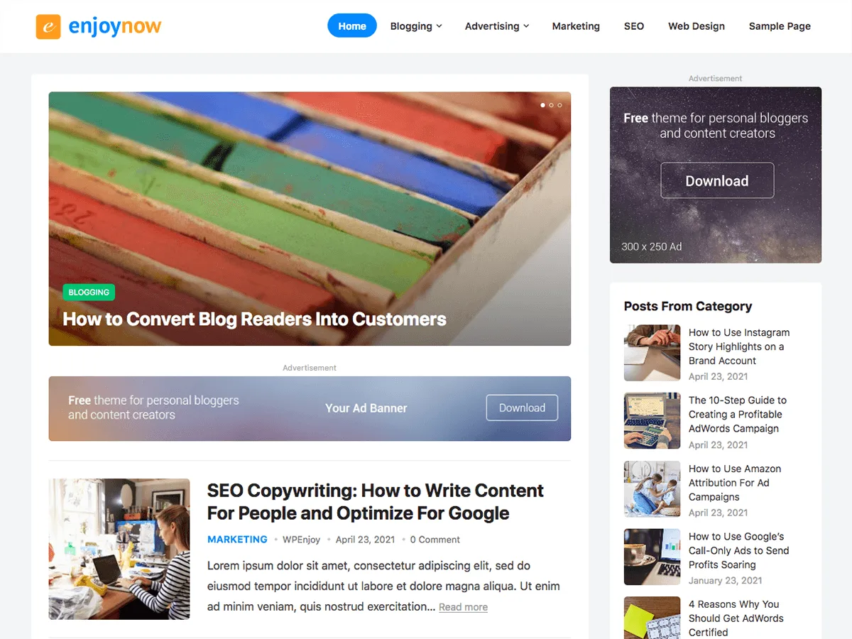 EnjoyNow web sitesi teması ile içerik odaklı blog tasarımı