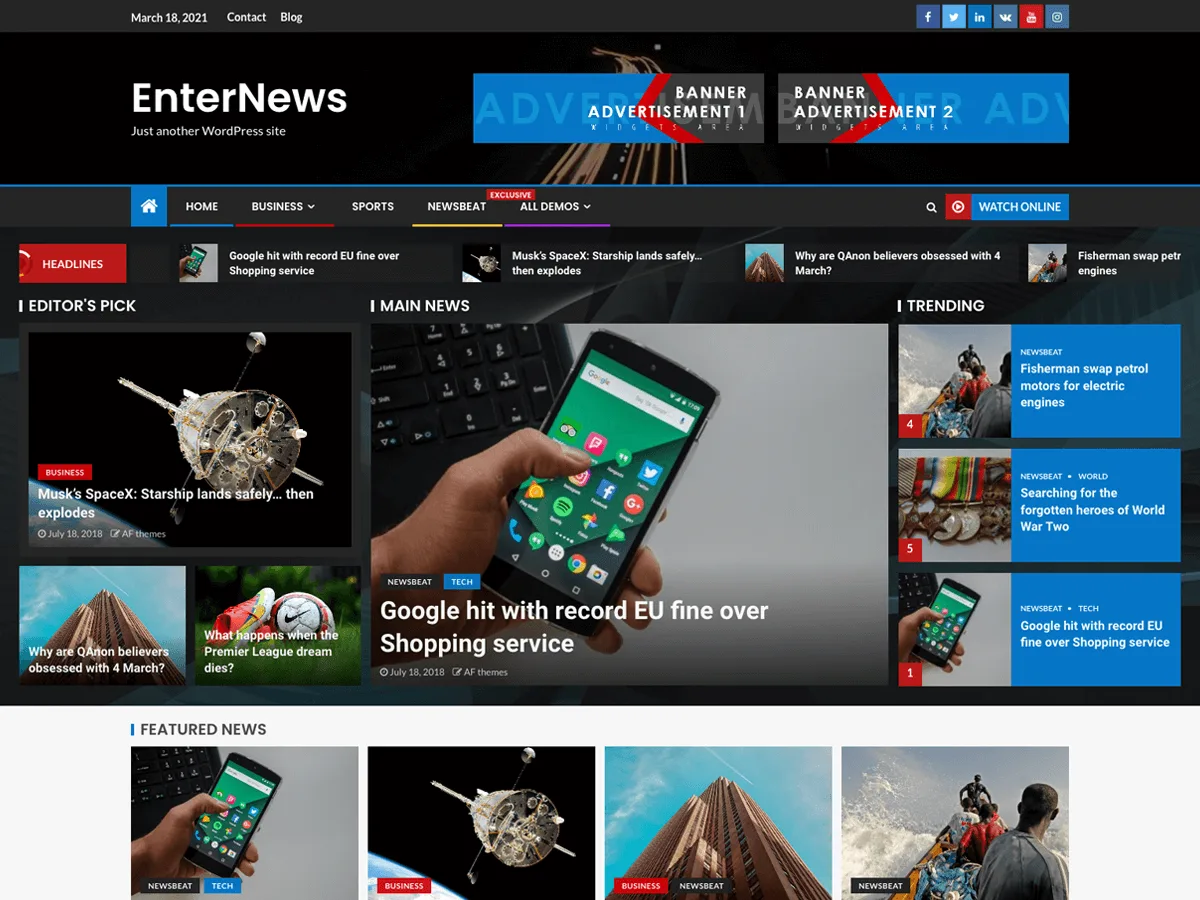 EnterNews haber ve dergi web sitesi teması
