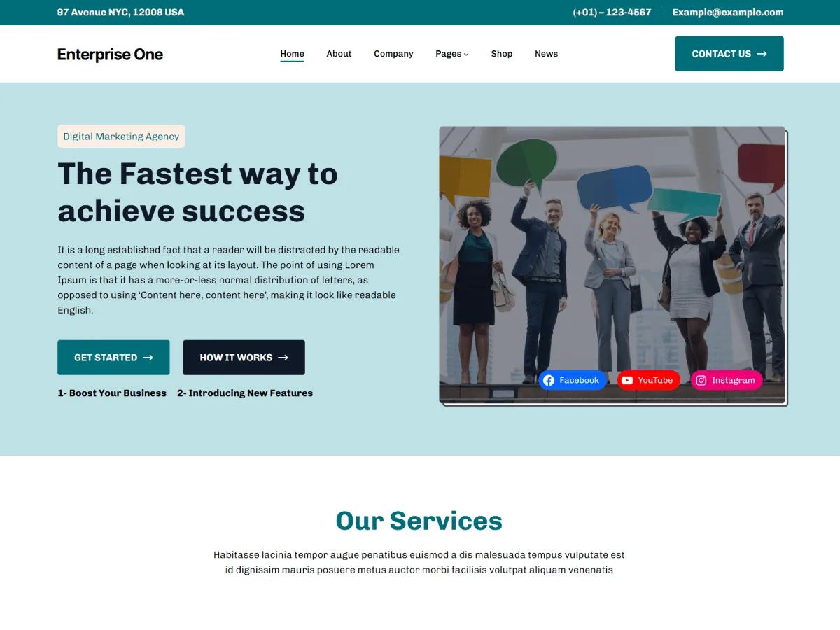 Enterprise One web sitesi teması ile kurumsal bir web sitesi görünümü